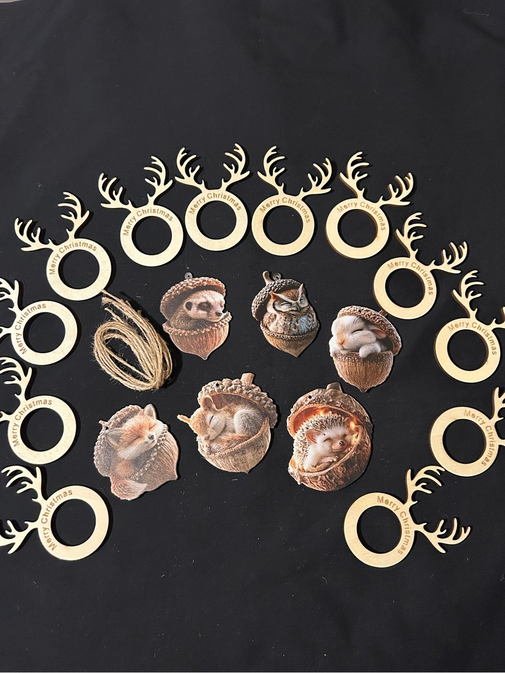Beige and Brown Woodland Animal Acorn Ornaments and Napkin ring holders